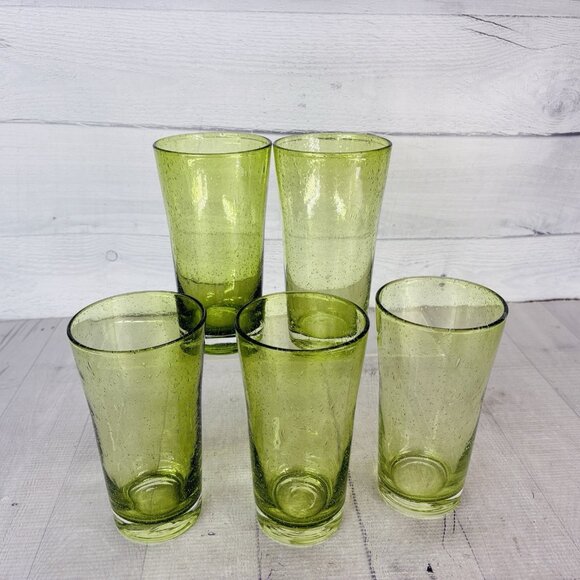 Hand-Blown Weighted Base Flared Artisan Mexico Lime Green Glass Tumbler Set of 5 - Picture 2 of 16